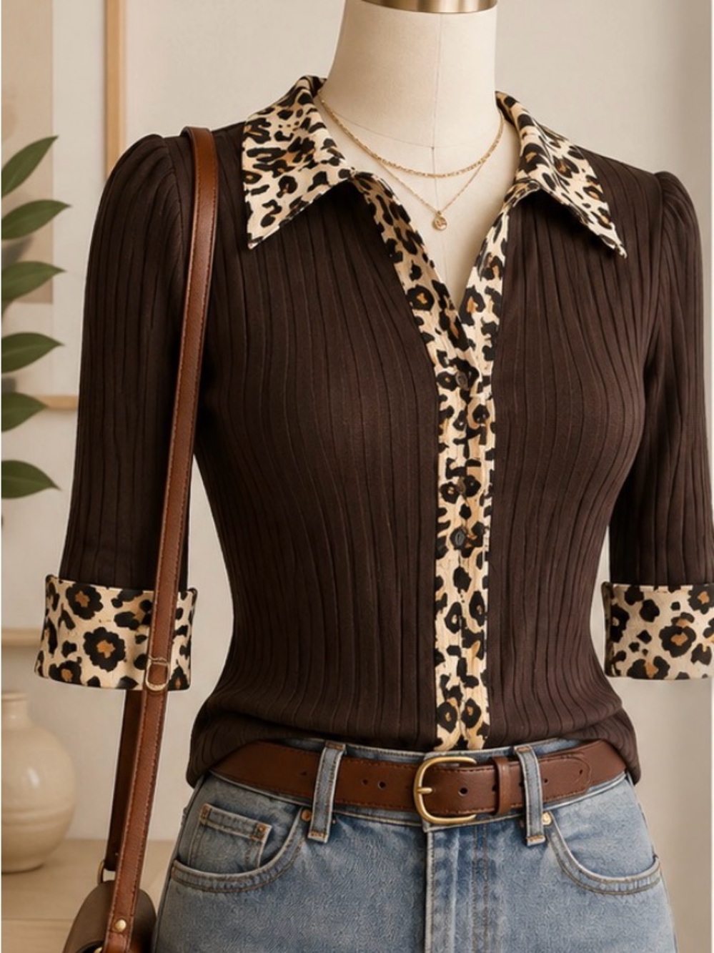 Brown Ribbed Button-Down Top with Leopard Trim